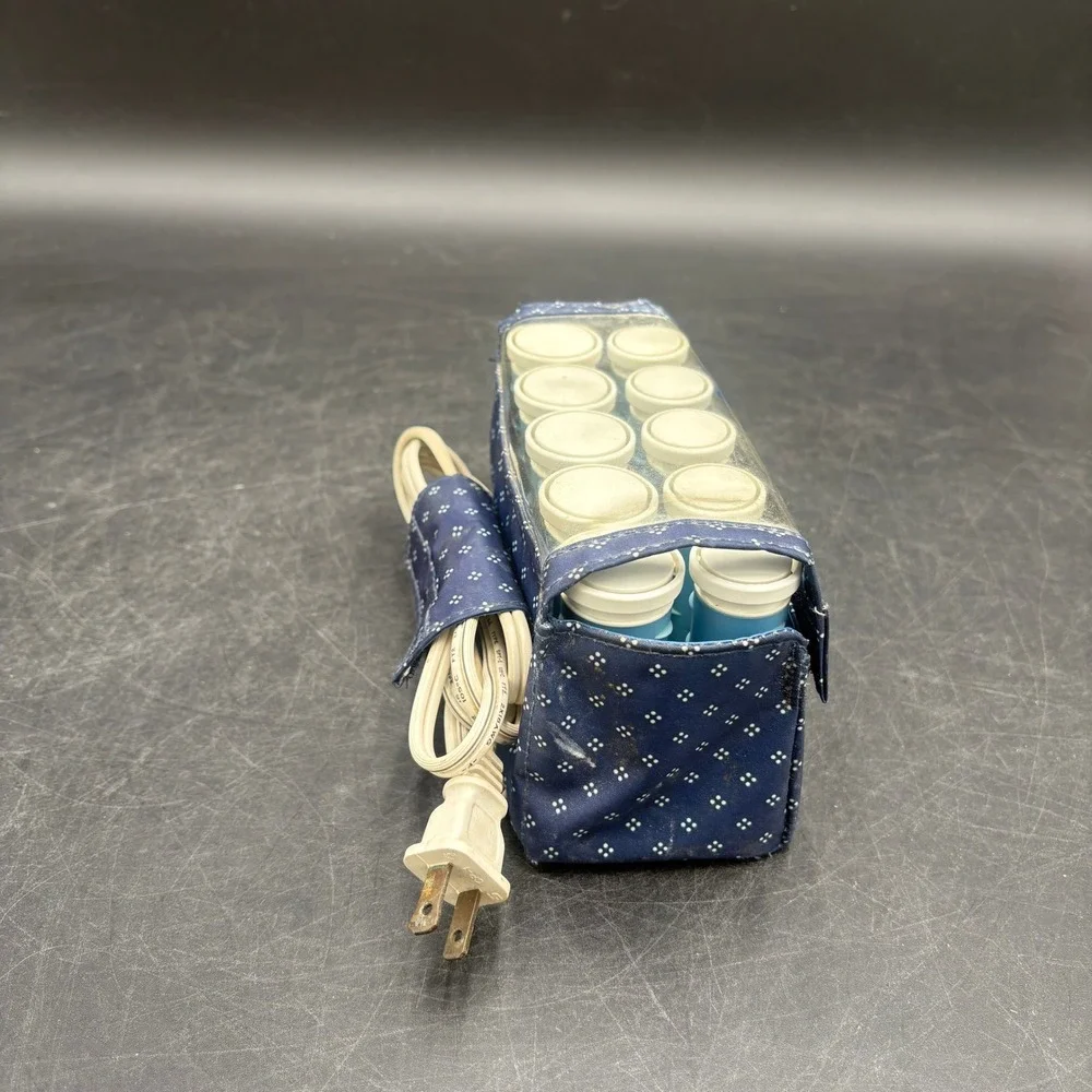 Remington Travel Hair Roller Set 10 Piece Blue Polka Dot Heated Case Clips